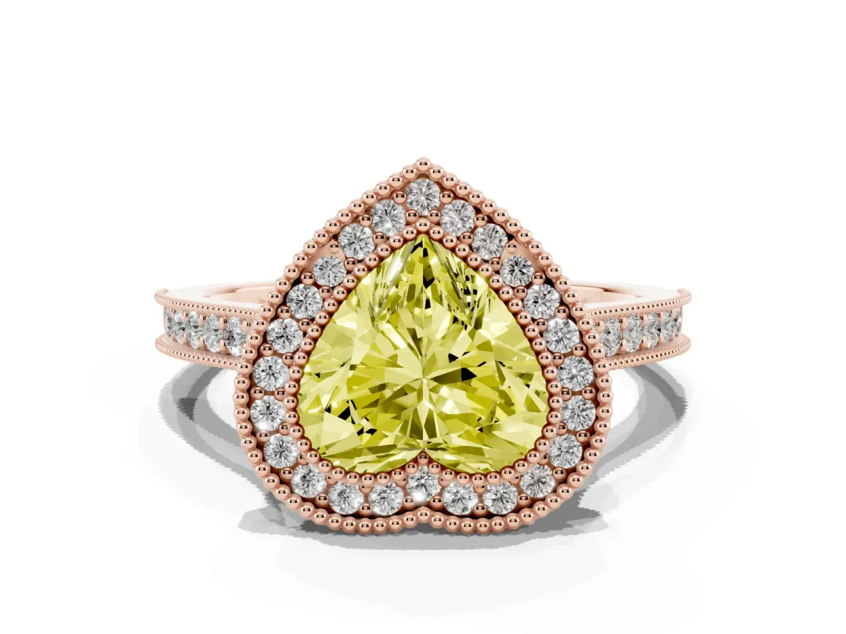 Fancy Yellow Halo Heart Cut-Cut Diamond Pave Band Milgrain Prong Setting Ring Rose gold