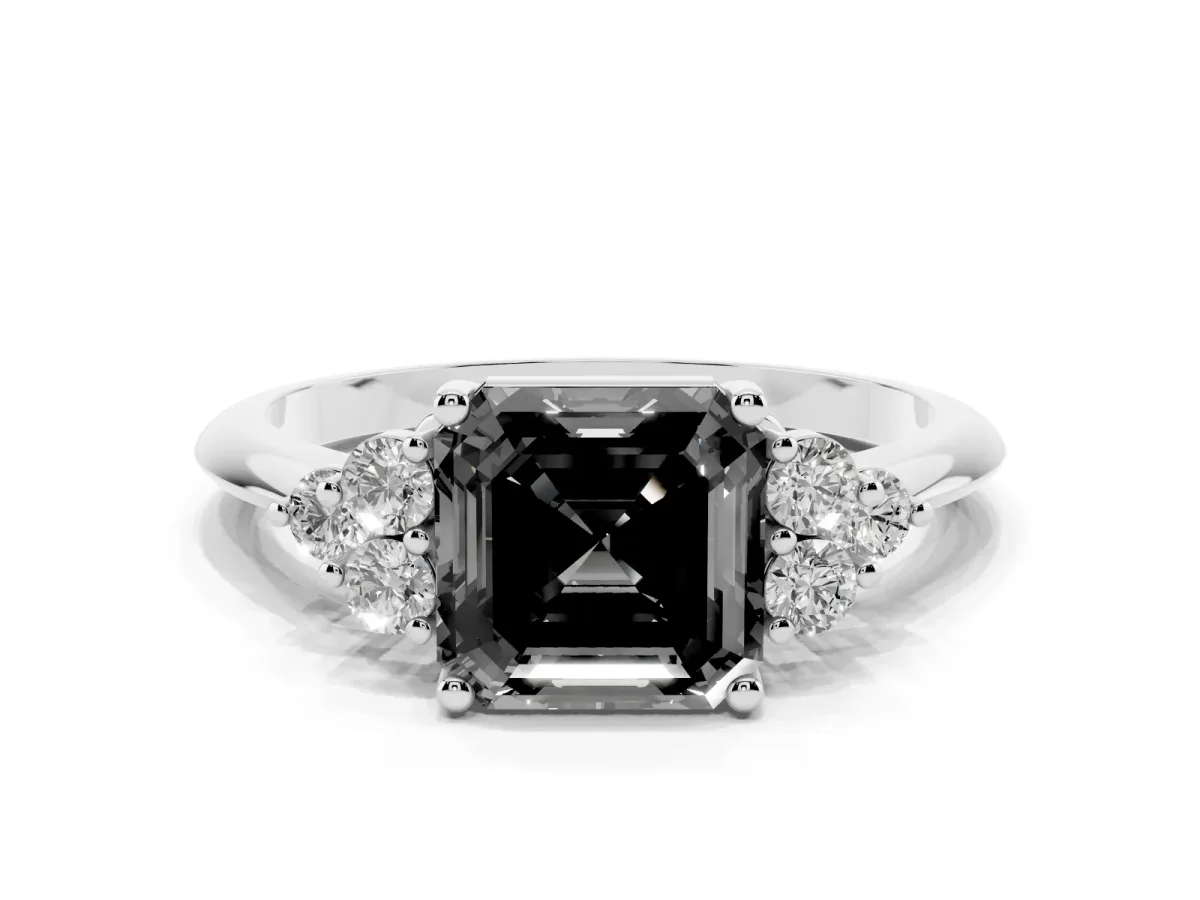 Fancy Black Asscher Cut Cut Diamond Cluster Ring with Solitaire Band and Four-Prong Setting Silver