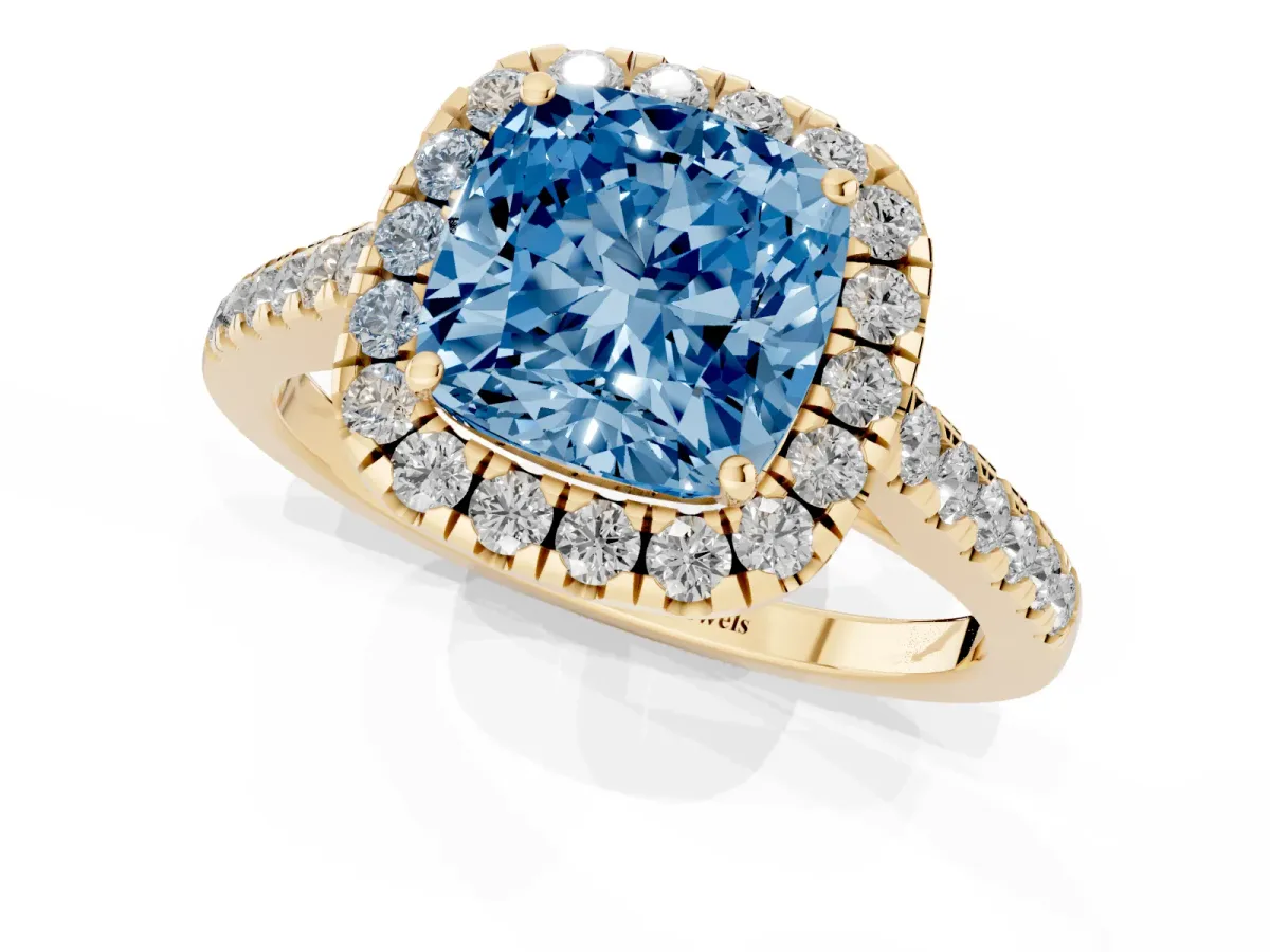 Fancy Blue Cushion Cut Halo Pave Diamond Engagement Ring with Four-Prong Setting Yellow gold