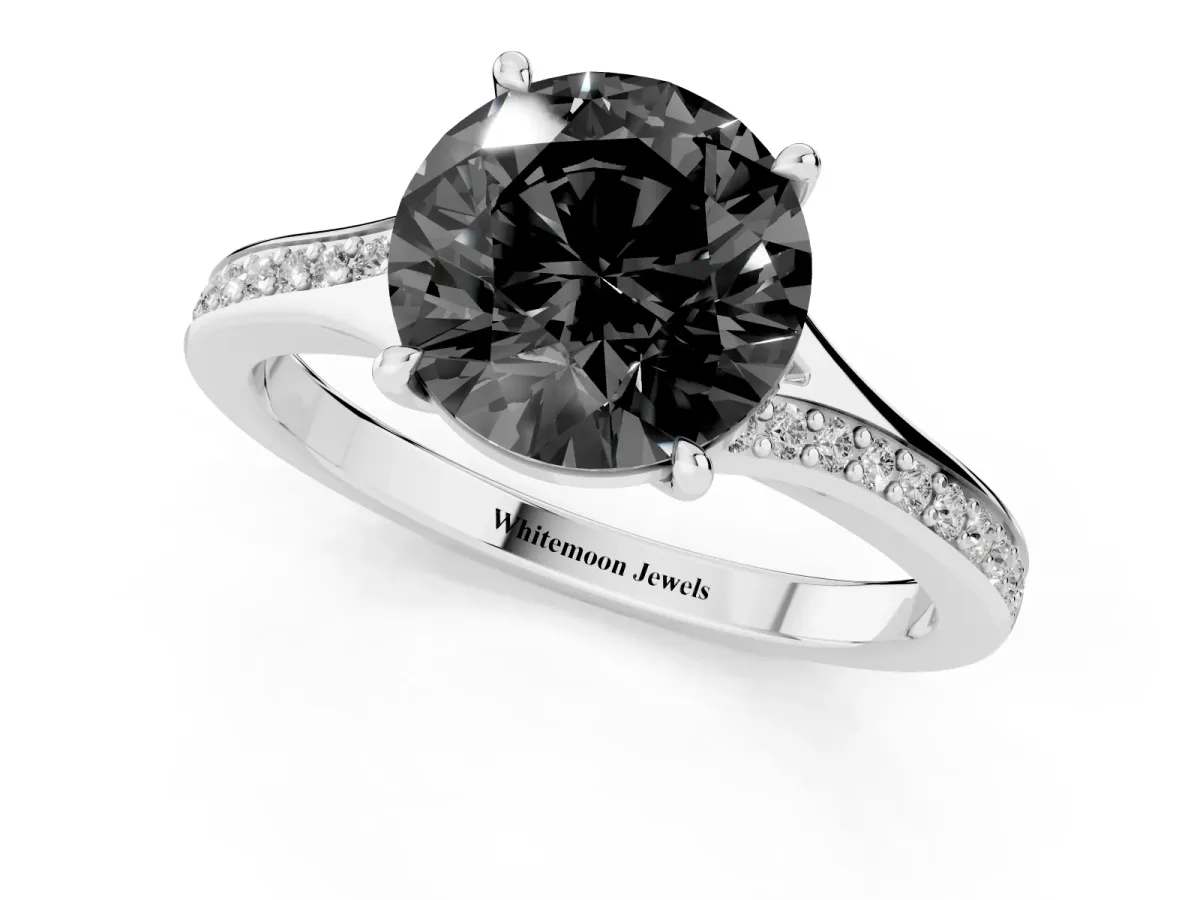 Fancy Black Round Cut Diamond Solitaire Ring with Pavé Band and Prong Setting Silver