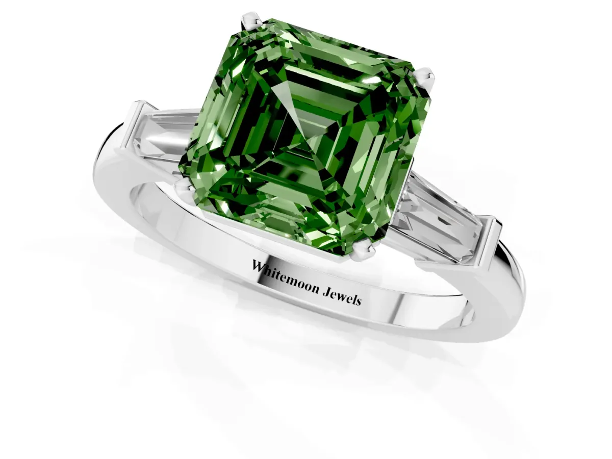 Fancy Green Asscher Cut Cut Diamond Solitaire Ring with Tapered Baguette Accents and Four-Prong Setting Platinum