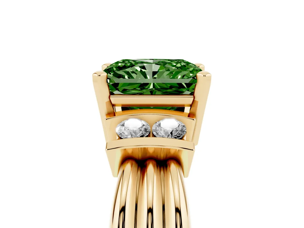 Fancy Green Radiant Cut Cut Three-Stone Channel Set Ring with Bar Prongs Yellow gold