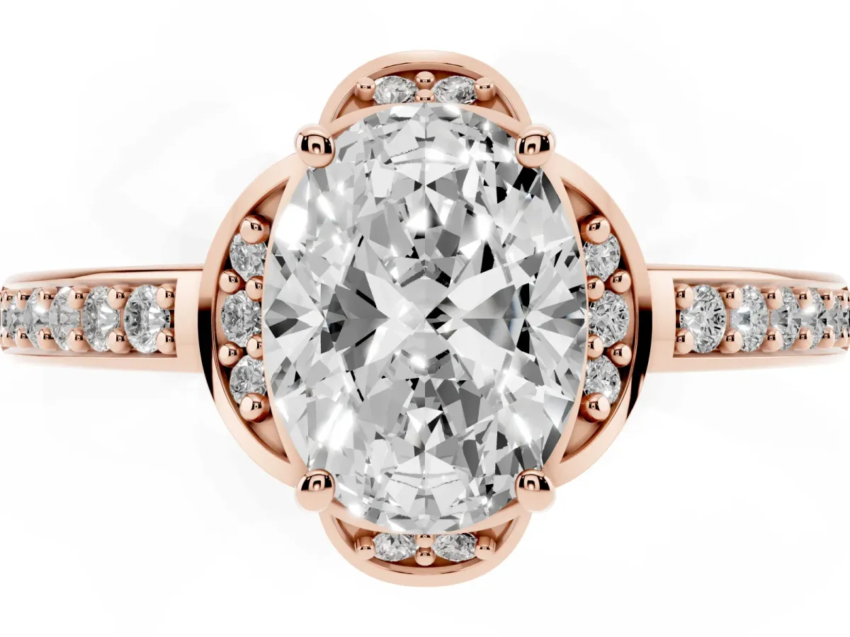 Oval Cut Cut Halo Diamond Ring with Channel Set Band and Four-Prong Setting Rose gold