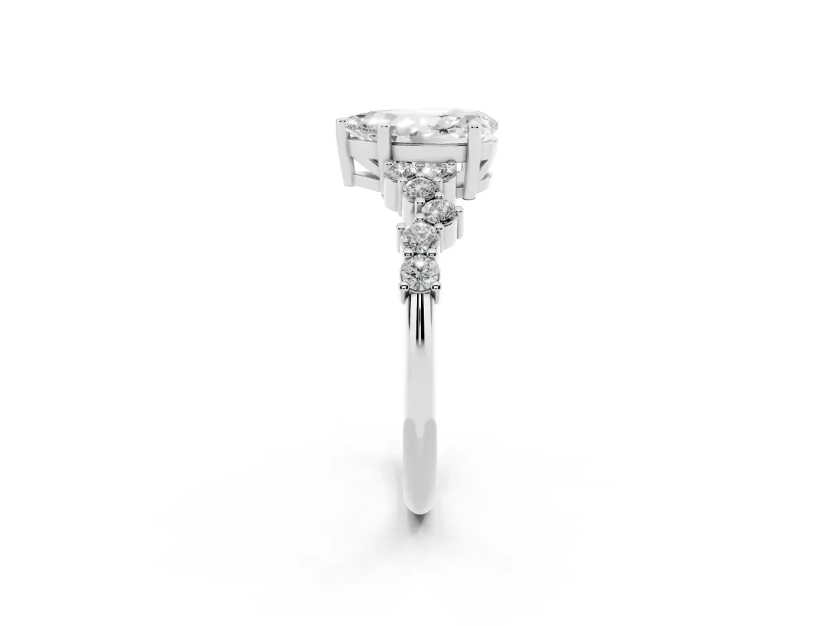 Pear Cut Diamond Scattered Round Accent Ring with Prong Setting White gold
