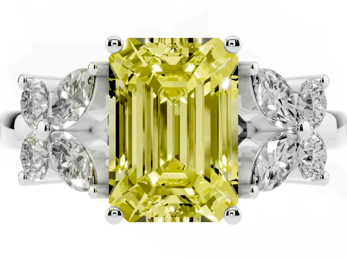 Fancy Yellow Emerald Cut Diamond Floral Cluster Ring with Solitaire Band and Prong Setting Platinum