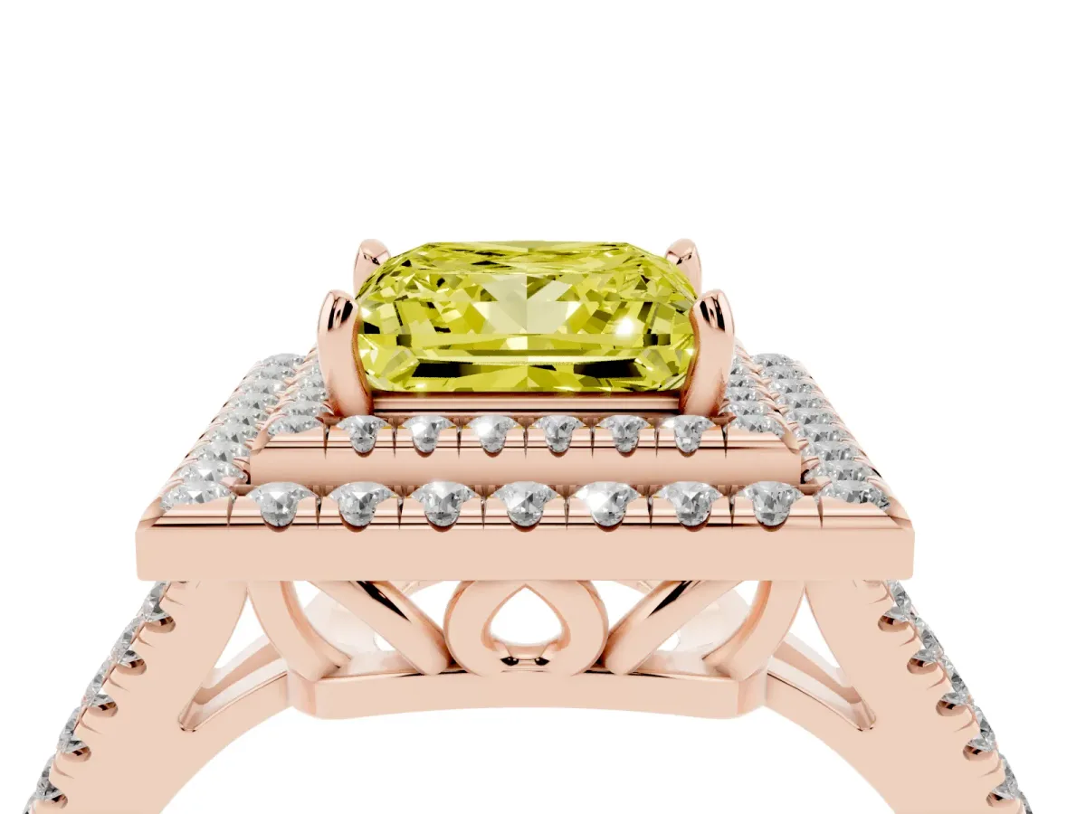 Fancy Yellow Princess Cut Diamond Double Halo Ring with Pavé Band and Prong Setting Rose gold