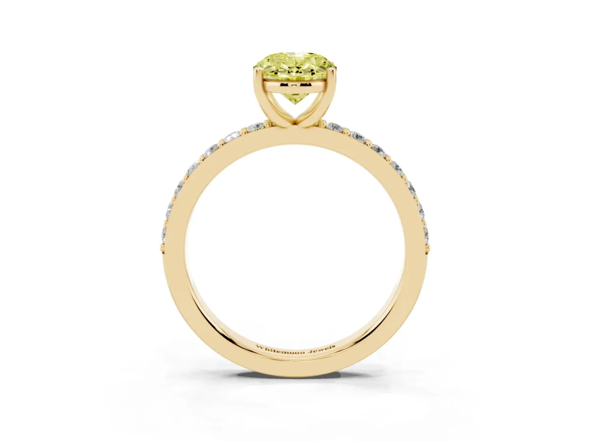 Fancy Yellow Oval Cut Cut Diamond Solitaire with Pave Band and Four-Prong Setting Yellow gold