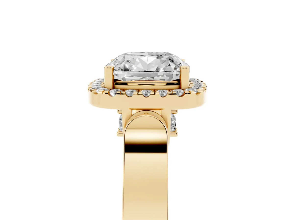 Cushion Cut Halo Pave Split Shank Prong Setting Ring Yellow gold