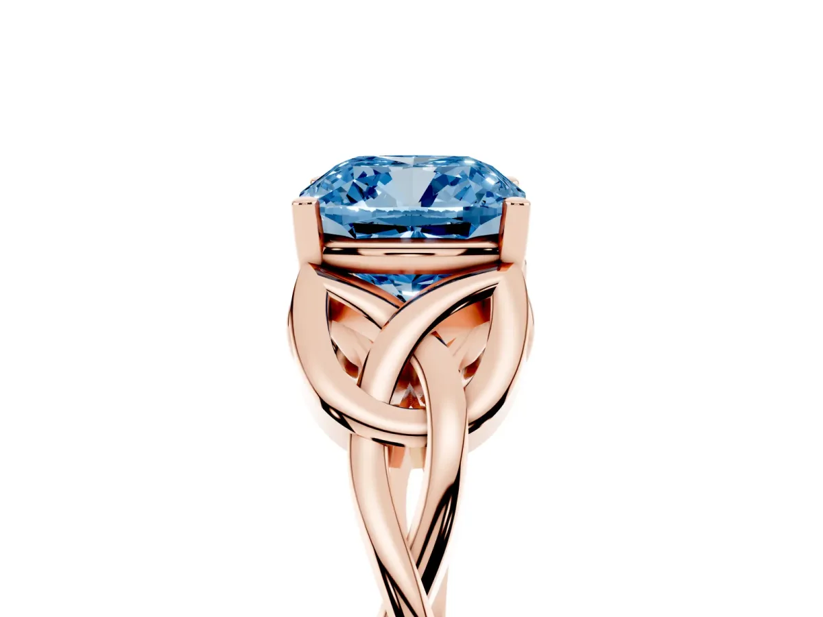 Fancy Blue Cushion Cut Diamond Solitaire Engagement Ring with Celtic Knot Band and Four-Prong Setting Rose gold