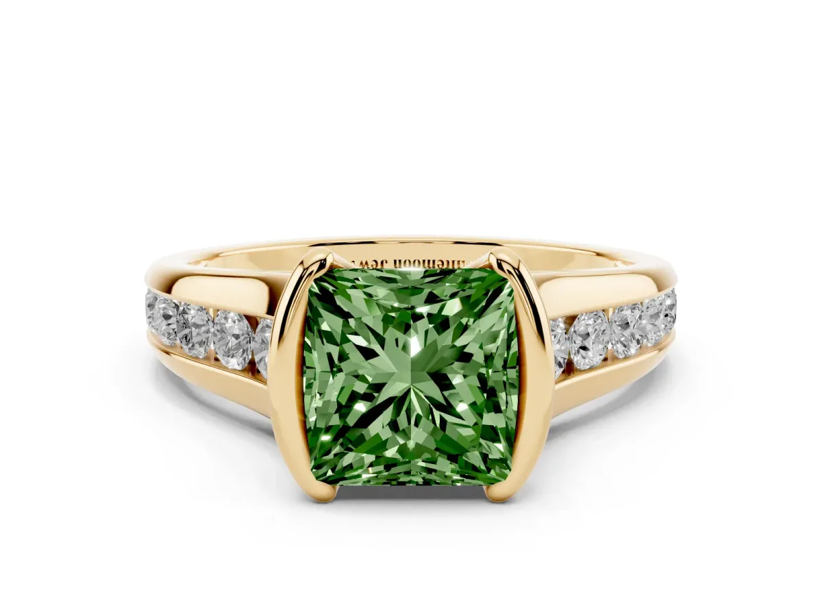 Fancy Green Princess Cut Solitaire Bezel-Set Diamond Ring with Channel-Set Band Yellow gold