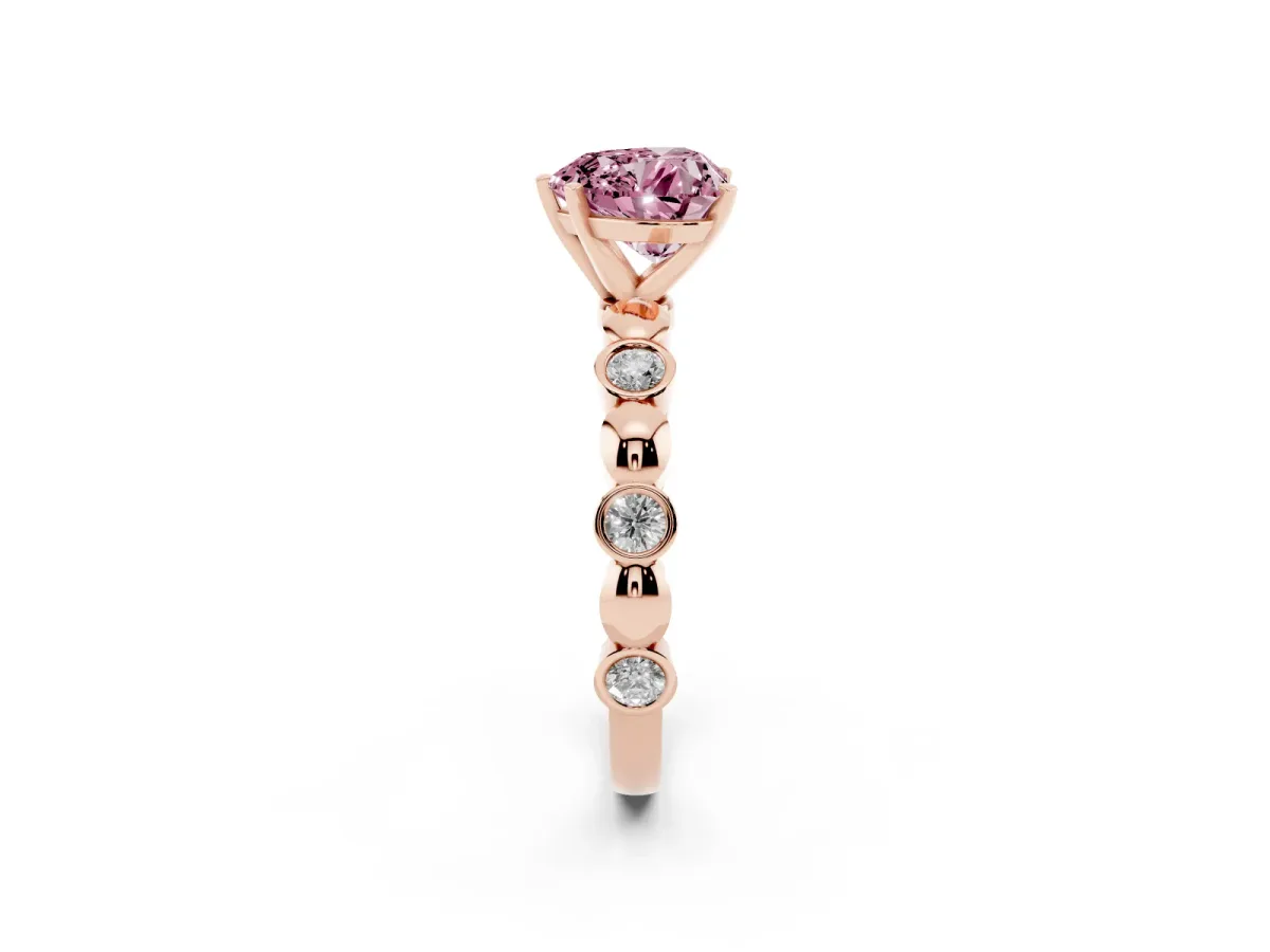 Fancy Pink Heart Cut Solitaire Bezel-Set Diamond Ring with Beaded Band and Four-Prong Setting Rose gold