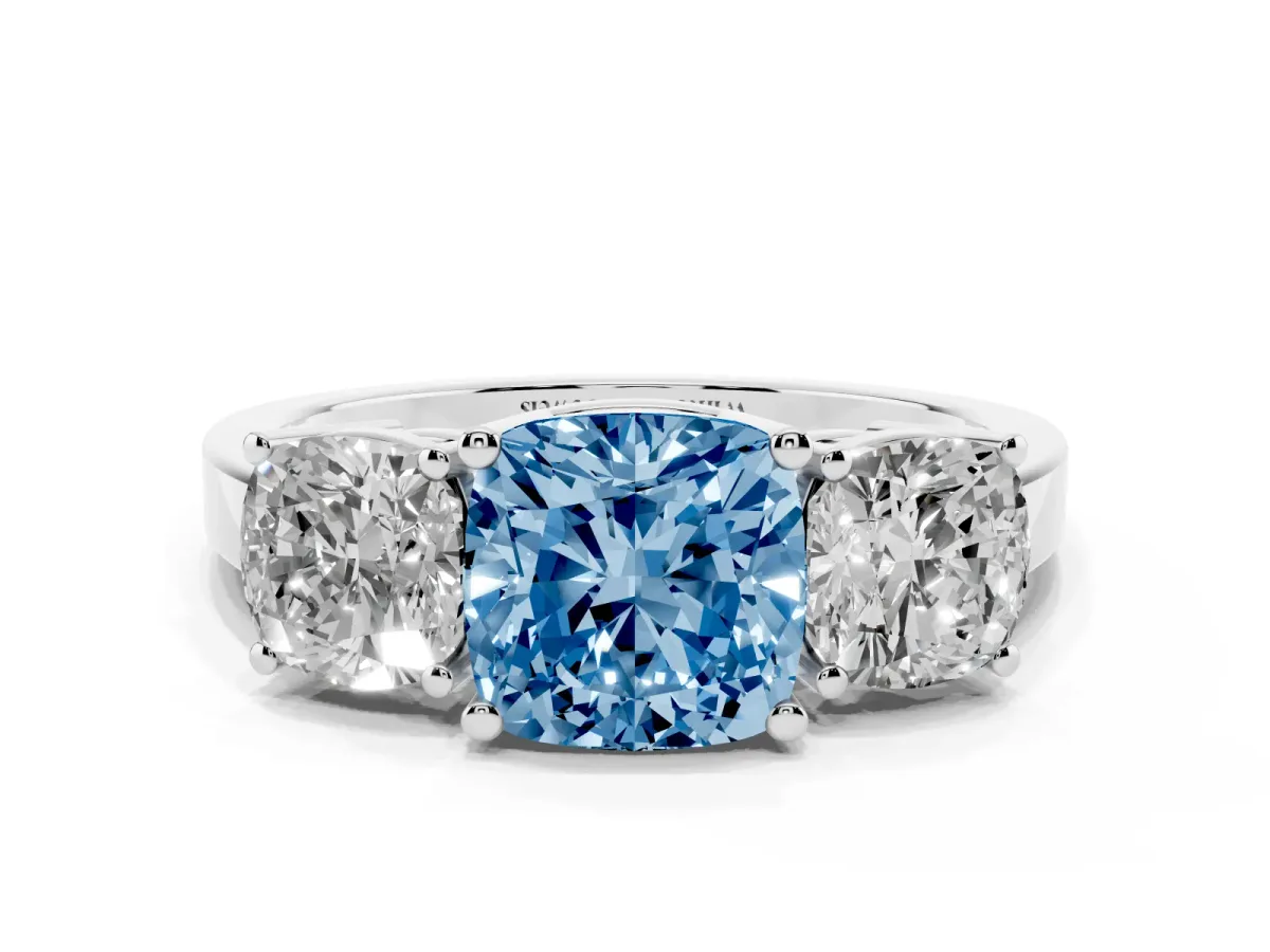 Fancy Blue Three-Stone Cushion Cut Cut Diamond Engagement Ring with Flat Band and Four-Prong Setting Silver
