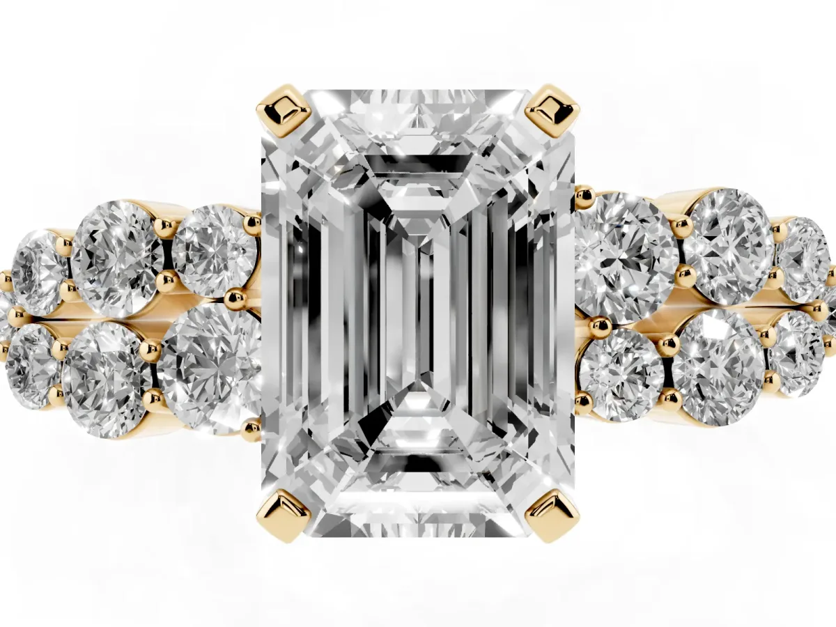 Emerald Cut Cluster Diamond Engagement Ring with Pavé Band and Four-Prong Setting Yellow gold