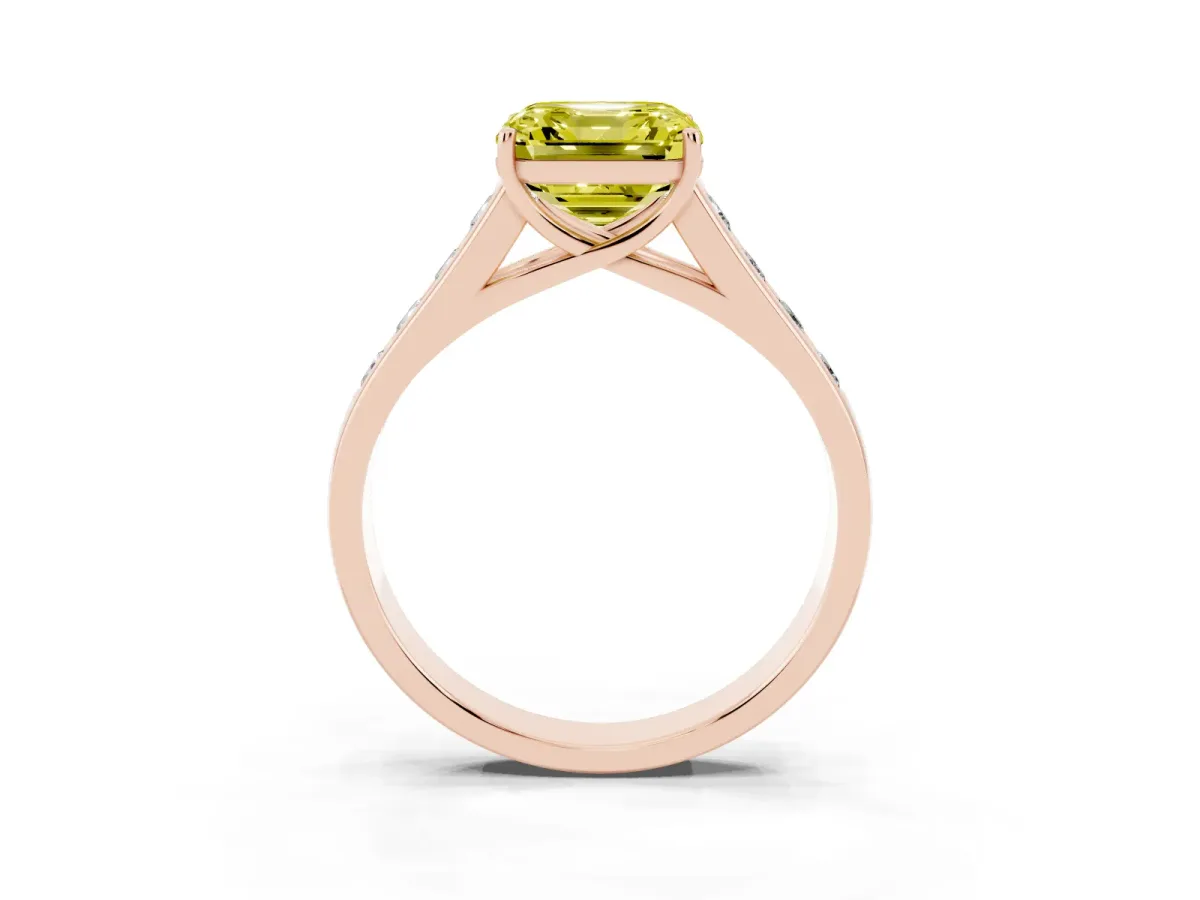 Fancy Yellow Asscher Cut Brilliant Channel-Set Solitaire Ring with Four-Prong Setting Rose gold