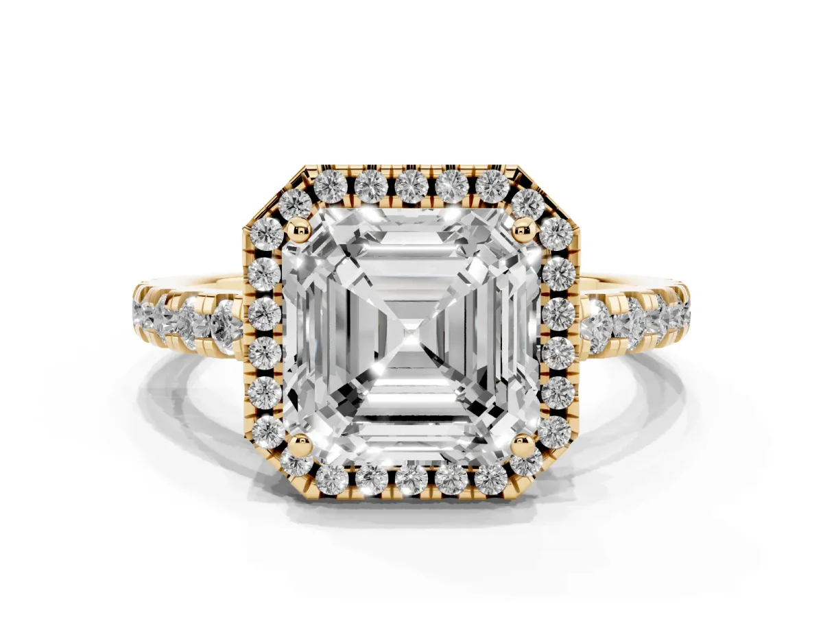 Asscher Cut Diamond Halo Ring with Pavé Band and Four-Prong Setting Yellow gold