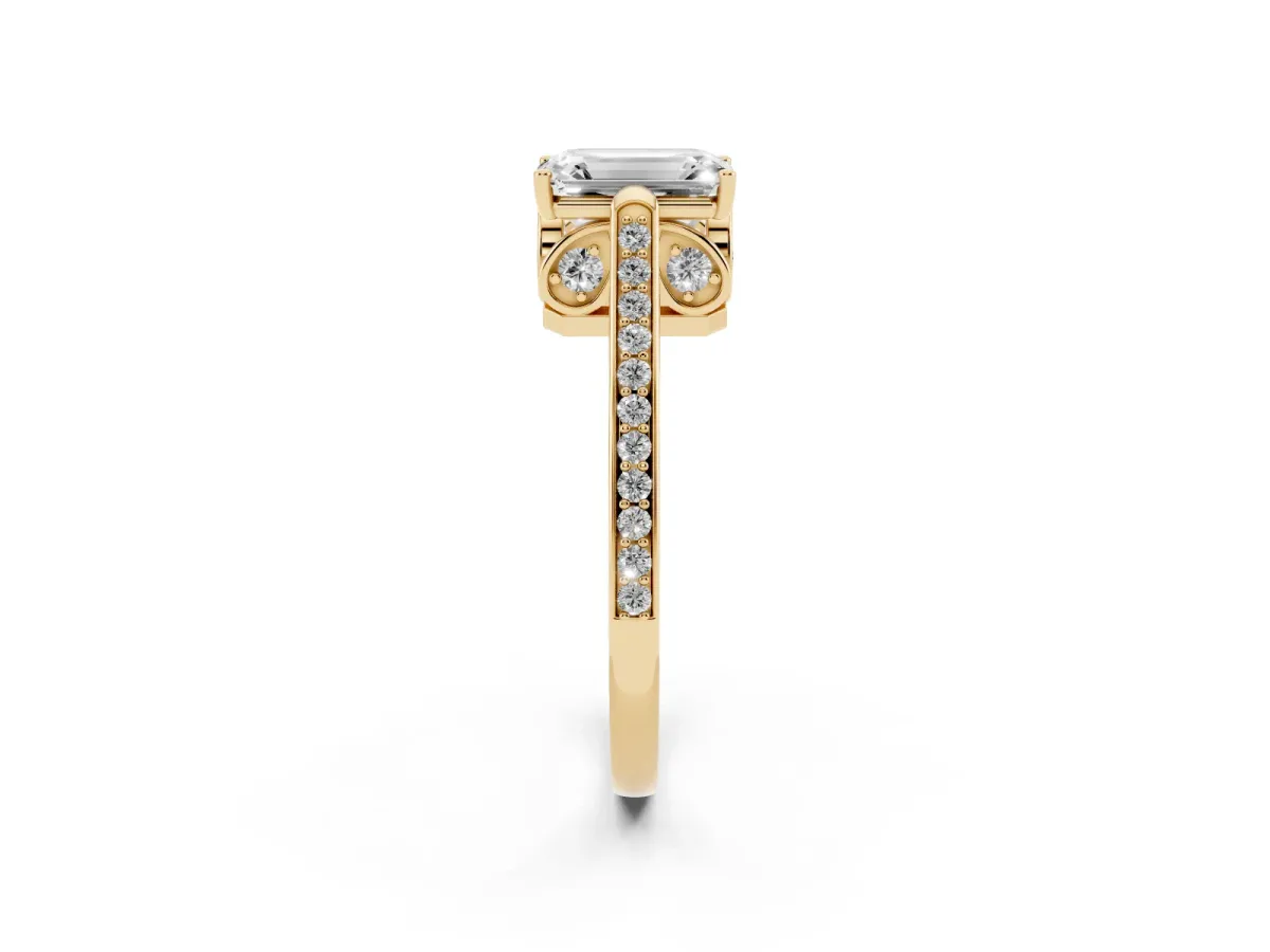 Emerald Cut Cut Cathedral Pave Diamond Engagement Ring with Six-Prong Setting Yellow gold