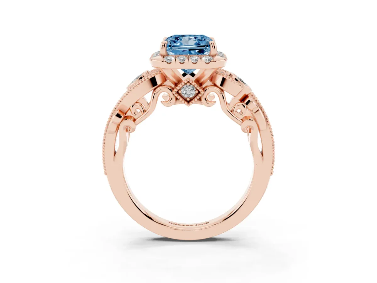 Fancy Blue Princess Cut Diamond Halo Ring with Milgrain Pavé Band and Four-Prong Setting Rose gold