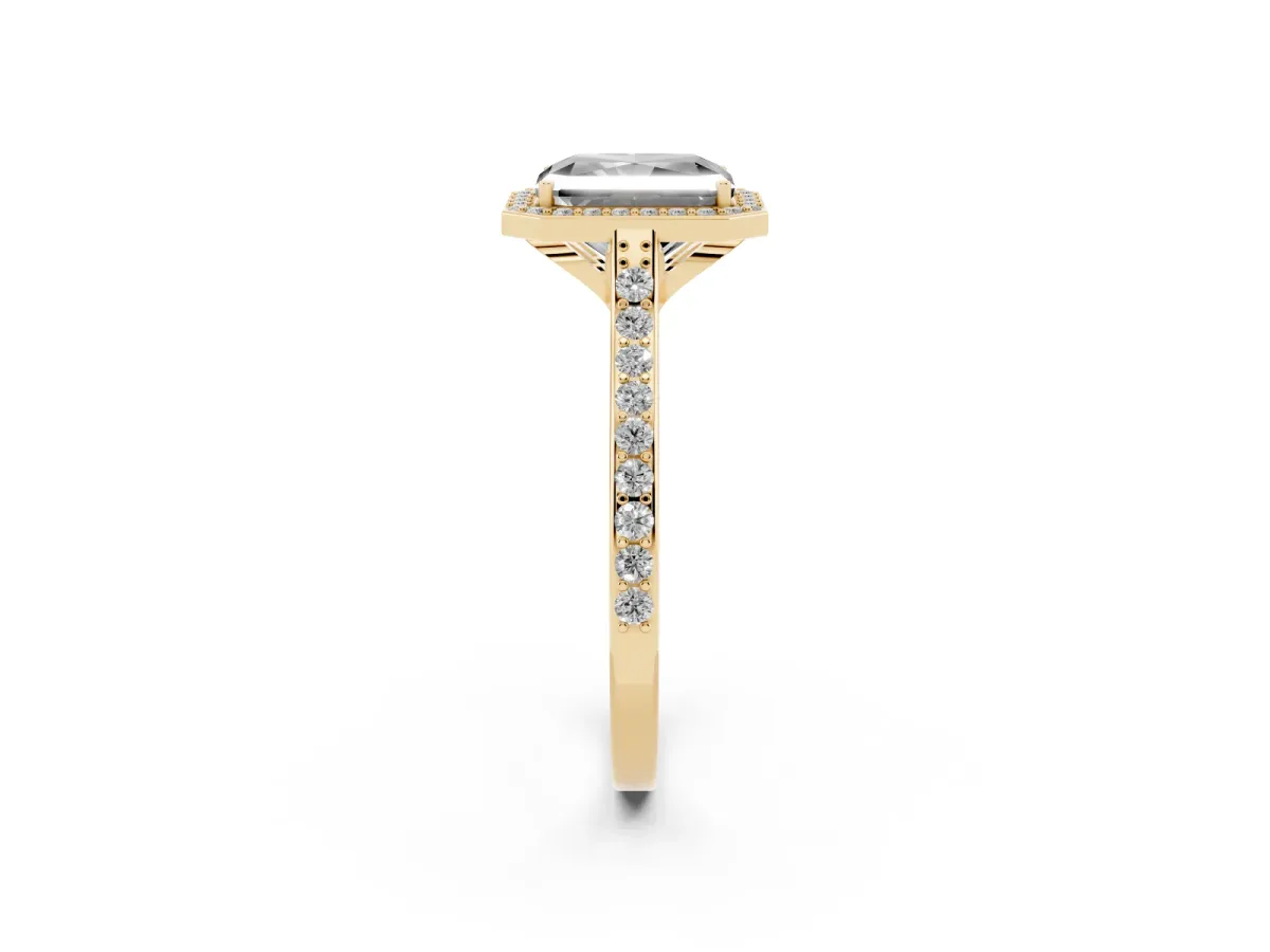 Fancy Black Radiant Cut Diamond Halo Engagement Ring with Round Pavé Shoulders and Prong Setting Yellow gold