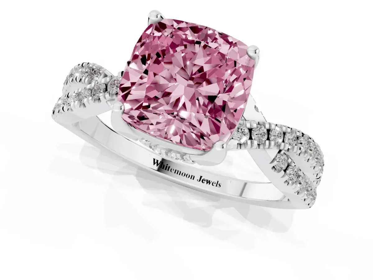 Fancy Pink Cushion Cut Solitaire Twist Pave Diamond Engagement Ring with Prong Setting Silver