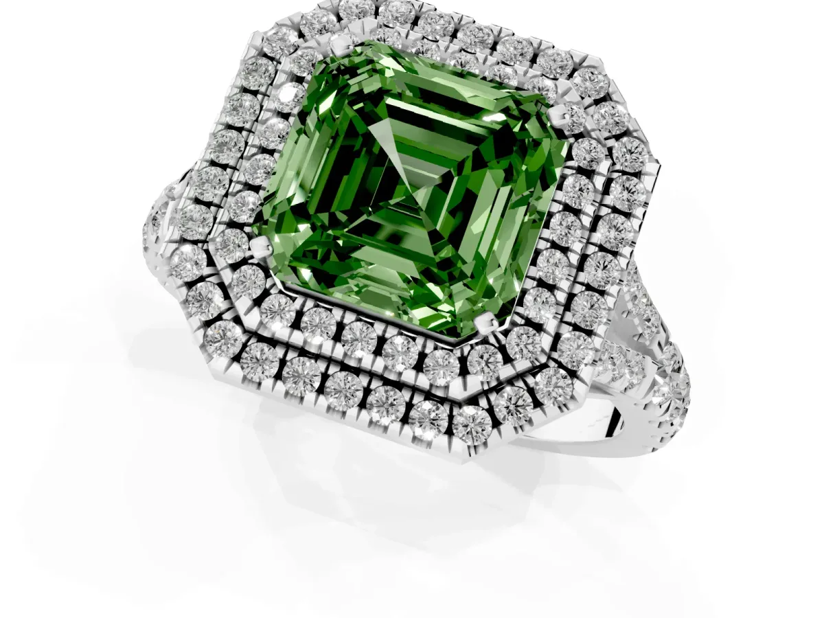 Fancy Green Asscher Cut Diamond Pavé Split Shank Double Halo Engagement Ring Platinum