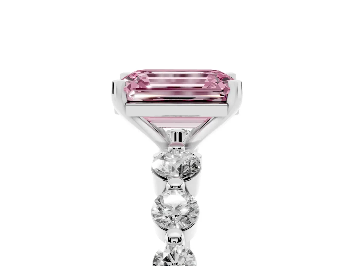 Fancy Pink Emerald Cut Solitaire Diamond Ring with Pave Band and Four-Prong Setting Platinum