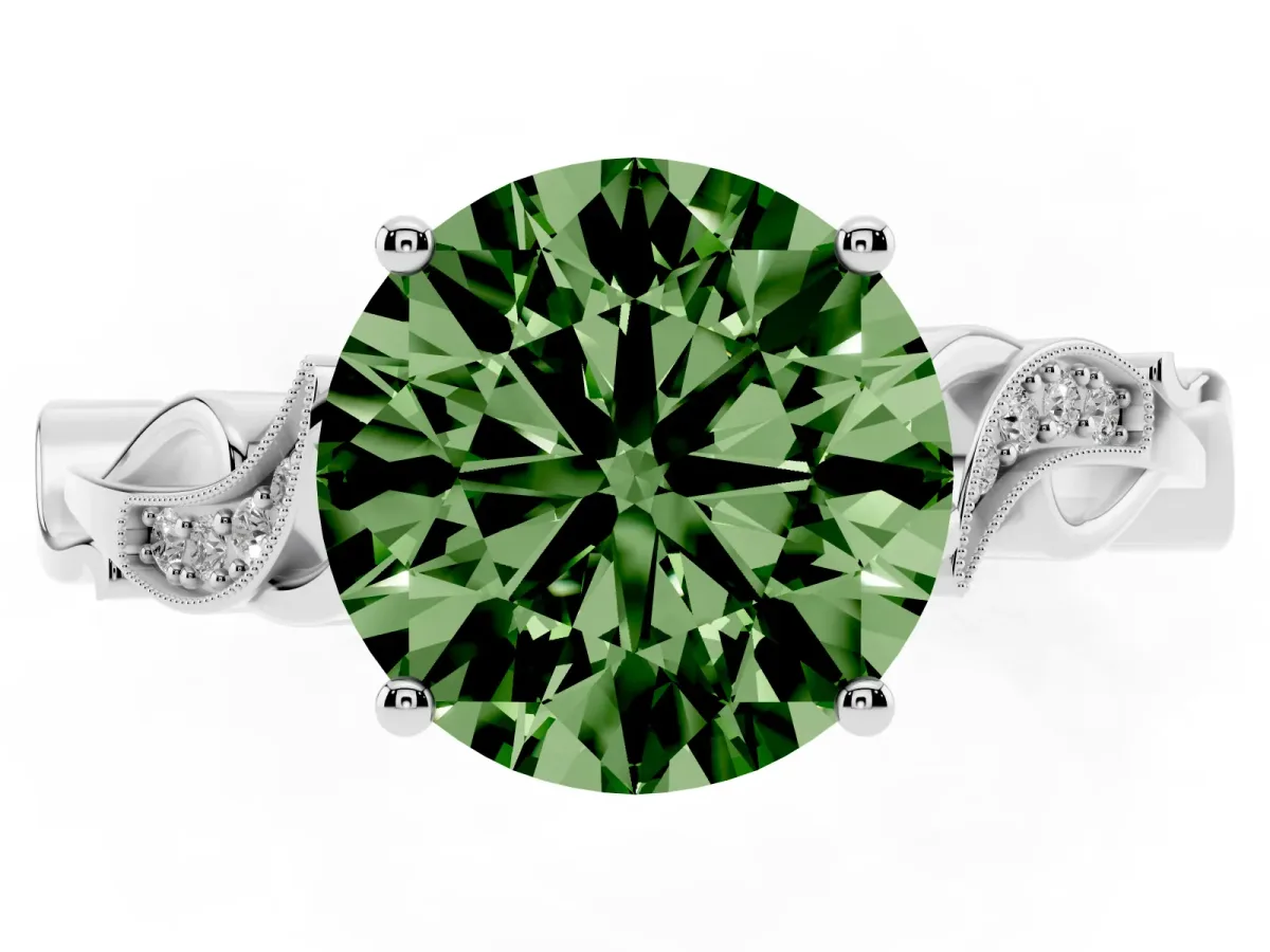 Fancy Green Round Cut Solitaire Vine Band with Milgrain Prong Setting Silver