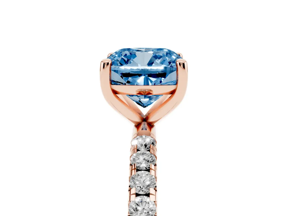 Fancy Blue Cushion Cut Cut Diamond Solitaire Ring with Micro Pave Band and Four Prong Setting Rose gold