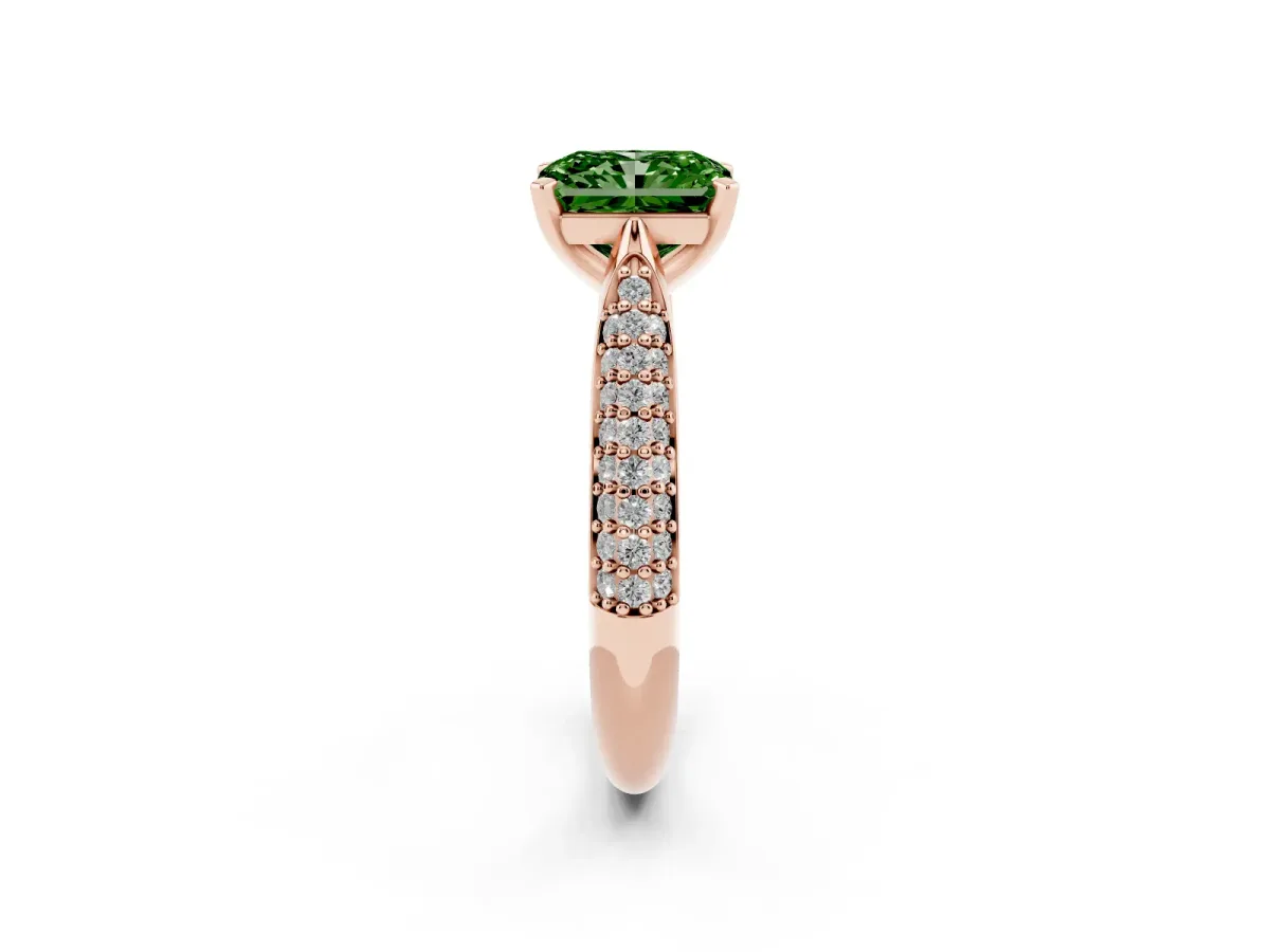 Fancy Green Radiant Cut Diamond Solitaire Engagement Ring with Multi-Row Round Pavé Band and Prong Setting Rose gold