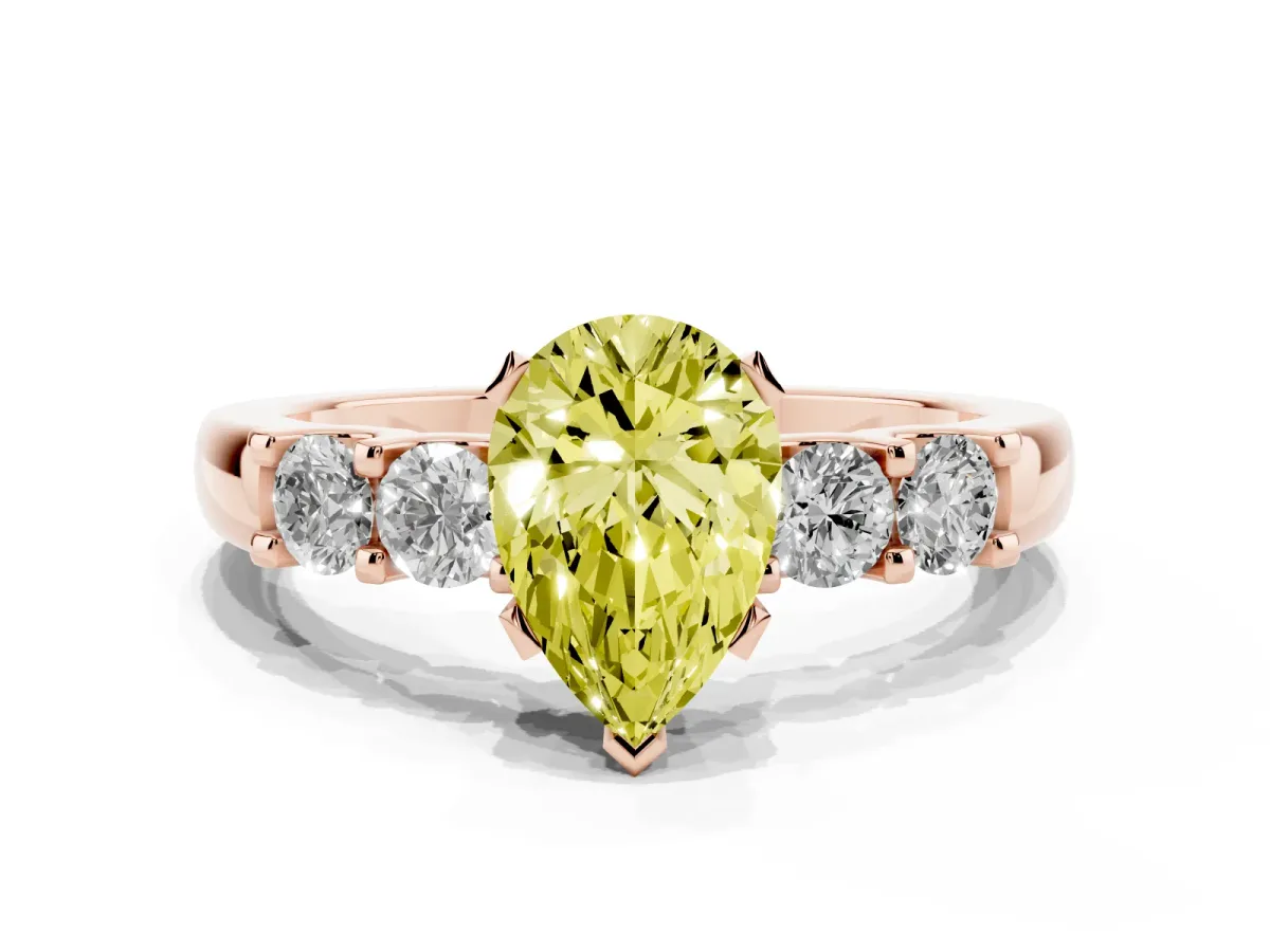 Fancy Yellow Pear Cut Brilliant Cut Diamond Five-Stone Prong Set Engagement Ring with Channel Band Rose gold