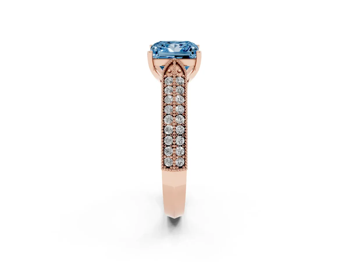 Fancy Blue Princess Cut Cut Pave Split Shank Engagement Ring with Four-Prong Setting Rose gold