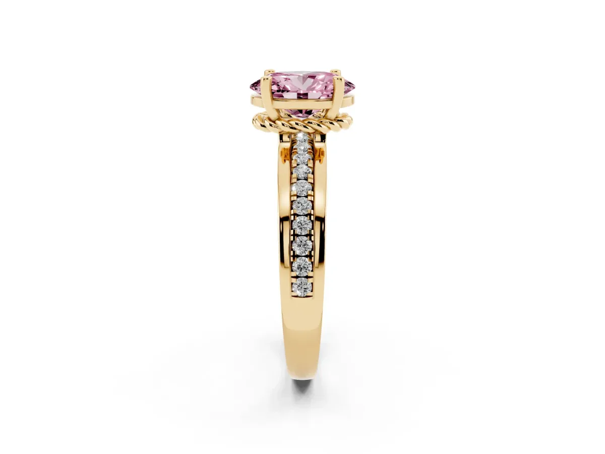 Fancy Pink Oval Cut Solitaire Diamond Ring with Channel Set Band and Six-Prong Setting Yellow gold