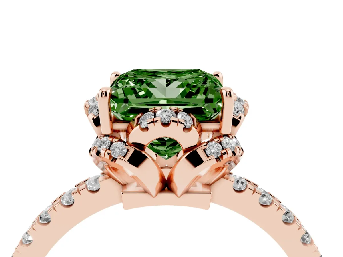 Fancy Green Princess Cut Diamond Halo Pave Band with Four-Prong Setting Rose gold