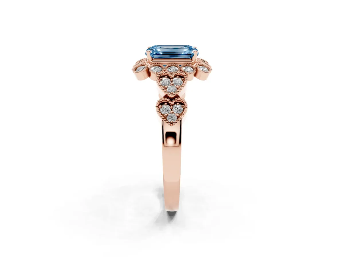 Fancy Blue Emerald Cut Brilliant Milgrain Pave Heart Band Solitaire Ring Rose gold
