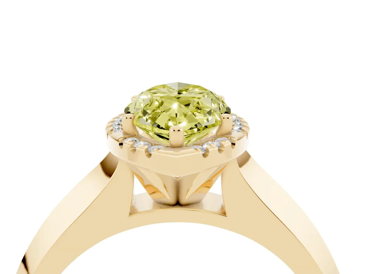 Fancy Yellow Marquise Cut Halo Diamond Ring with Cathedral Band and Four-Prong Setting Yellow gold