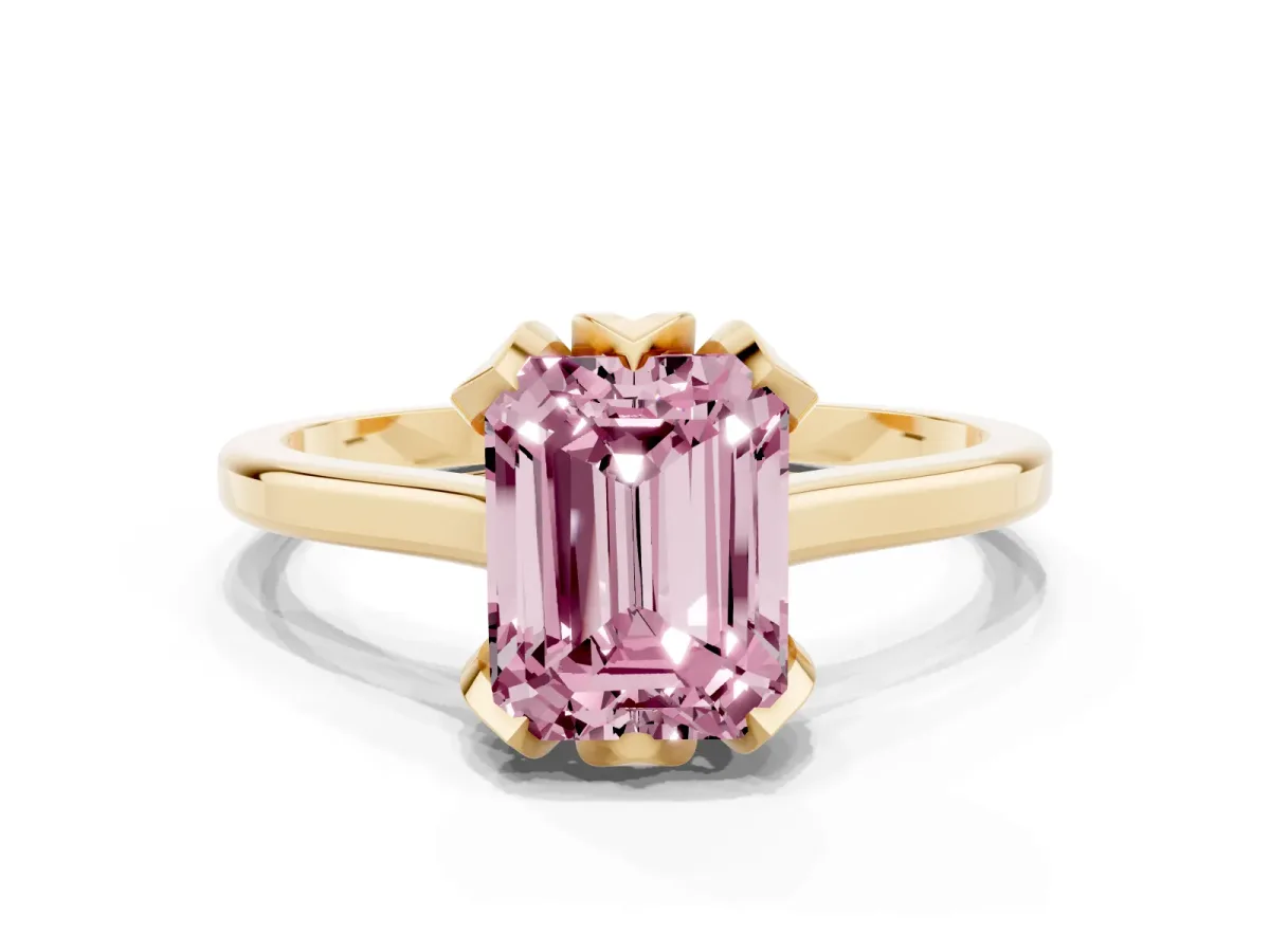 Fancy Pink Emerald Cut Diamond Solitaire Ring with Flower Prong Setting and Classic Band Yellow gold