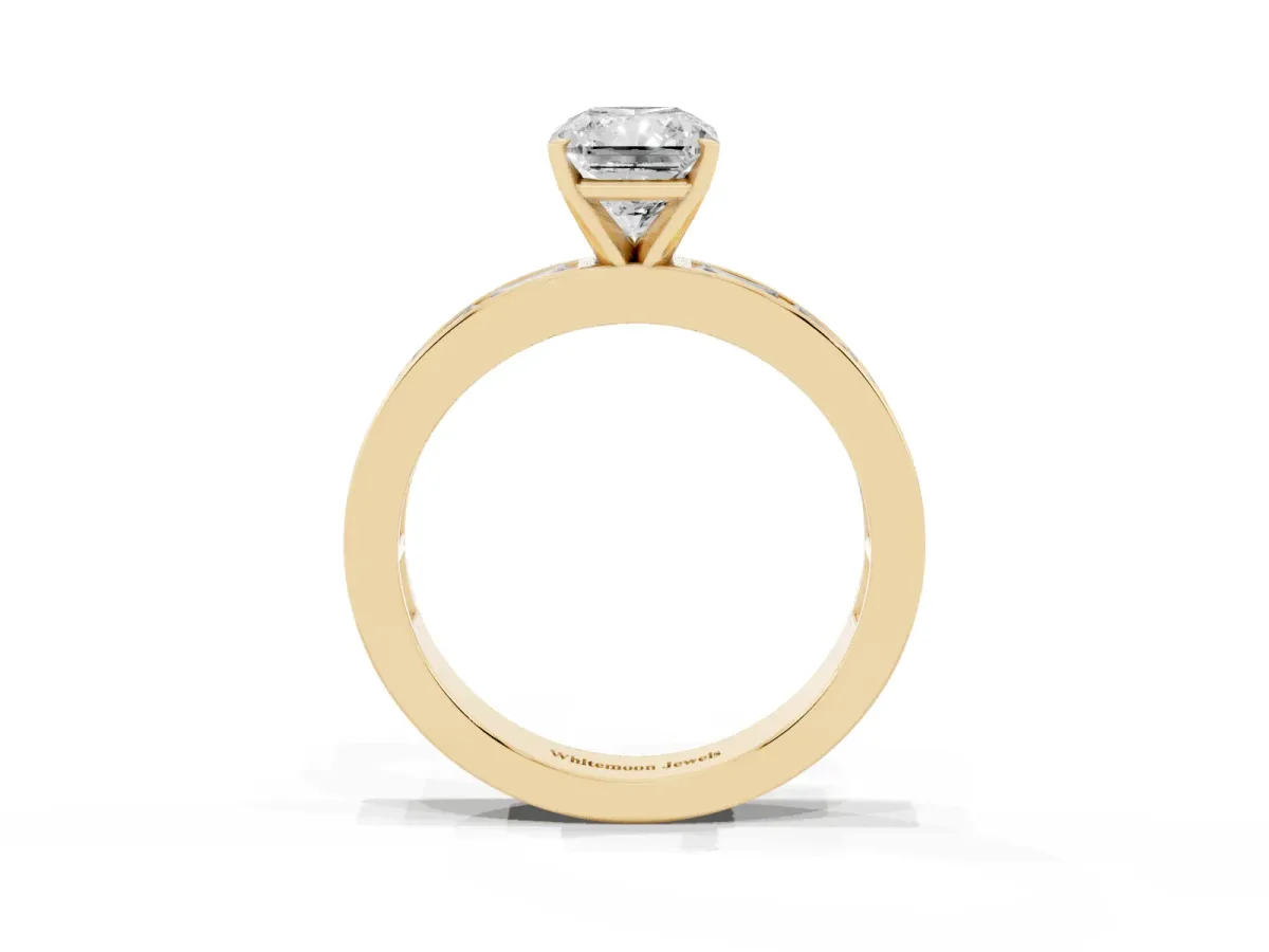 Radiant Cut Solitaire Diamond Ring with Channel-Set Baguette Band and Four-Prong Setting Yellow gold