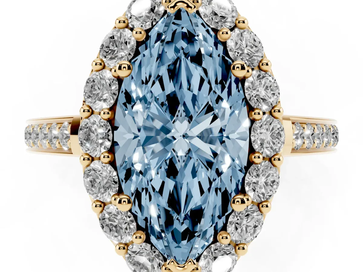 Fancy Blue Marquise Cut Diamond Floral Halo Ring with Pavé Band and Prong Setting Yellow gold