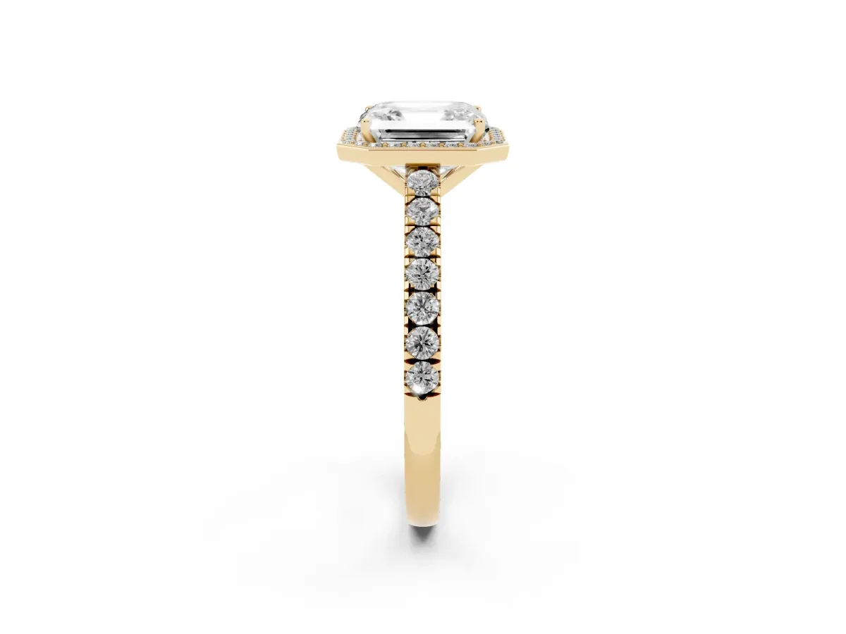 Asscher Cut Cut Halo Diamond Engagement Ring with Pave Band and Four-Prong Setting Yellow gold