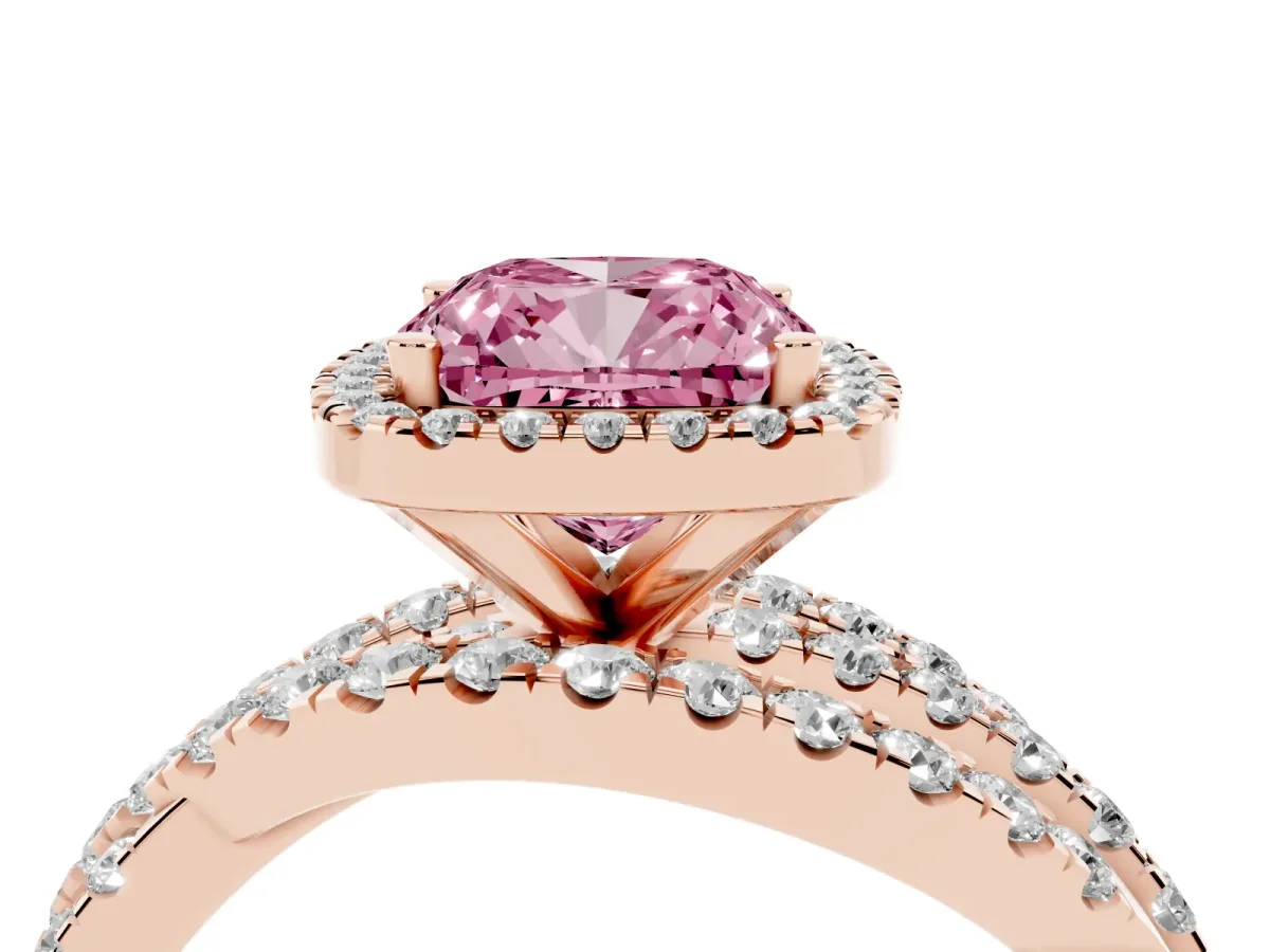 Fancy Pink Cushion Cut Diamond Halo Ring with Round Split Shank and Prong Setting Rose gold