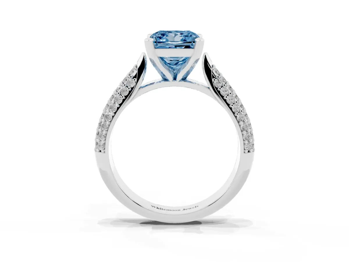 Fancy Blue Princess Cut Diamond Solitaire Engagement Ring with Multi-Row Round Pavé Band and Prong Setting White gold
