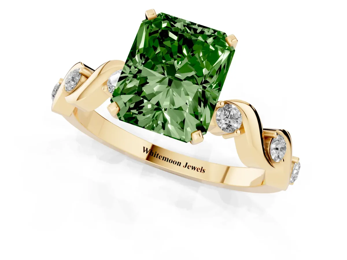 Fancy Green Radiant Cut Diamond Solitaire Twisted Band with Round Accents and Prong Setting Yellow gold