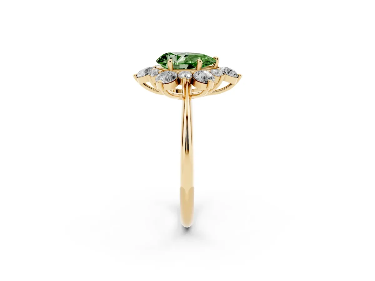 Fancy Green Pear Cut Diamond Cluster Halo Ring with Solitaire Band and Four-Prong Setting Yellow gold