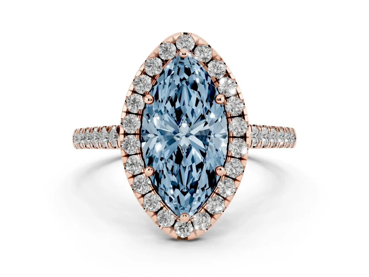 Fancy Blue Marquise Cut Halo Pave Diamond Engagement Ring with Four-Prong Setting Rose gold