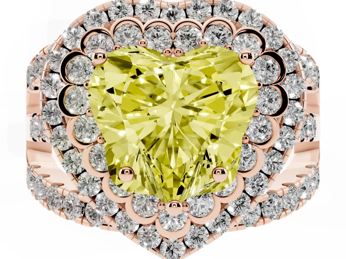 Fancy Yellow Heart Cut Diamond Double Halo Ring with Round Pavé Split Shank and Prong Setting Rose gold