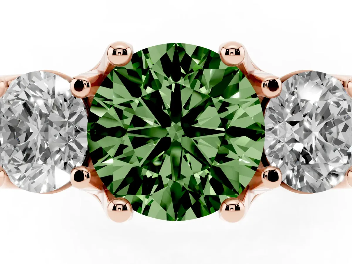 Fancy Green Round Cut Diamond Three-Stone Ring with Channel Set Band and Four-Prong Setting Rose gold