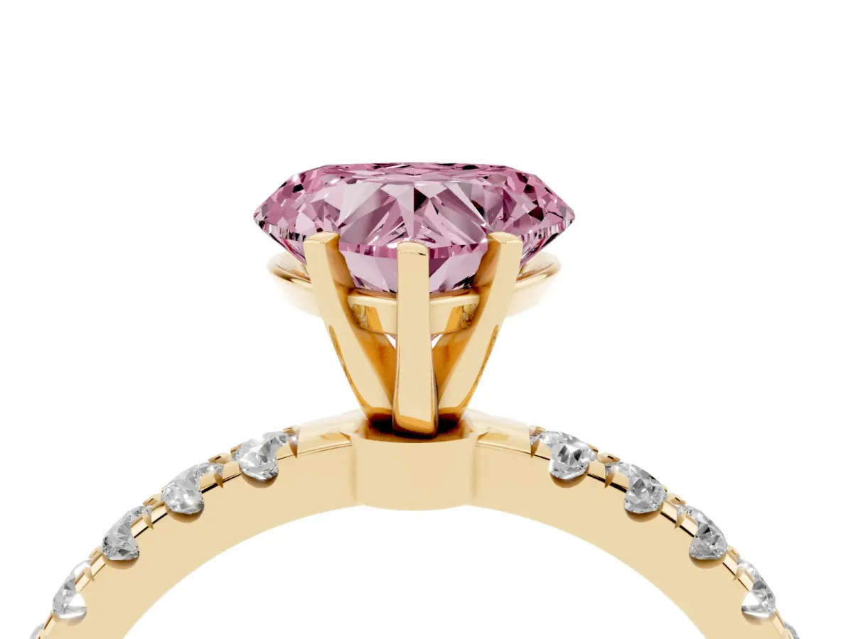 Fancy Pink Heart Cut Diamond Solitaire Ring with Pavé Accents and Four-Prong Setting Yellow gold