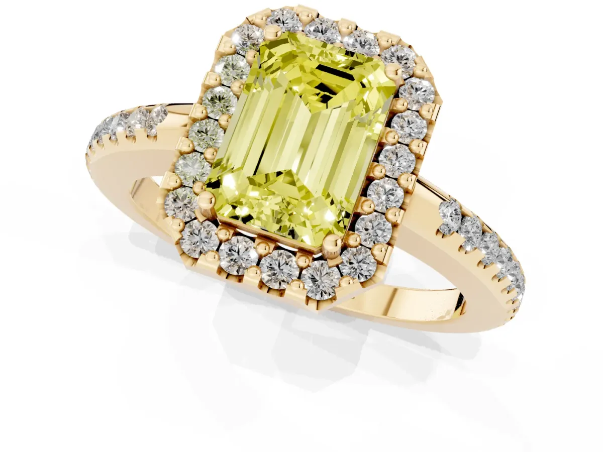 Fancy Yellow Emerald Cut Diamond Pavé Halo Ring with Four-Prong Setting Yellow gold