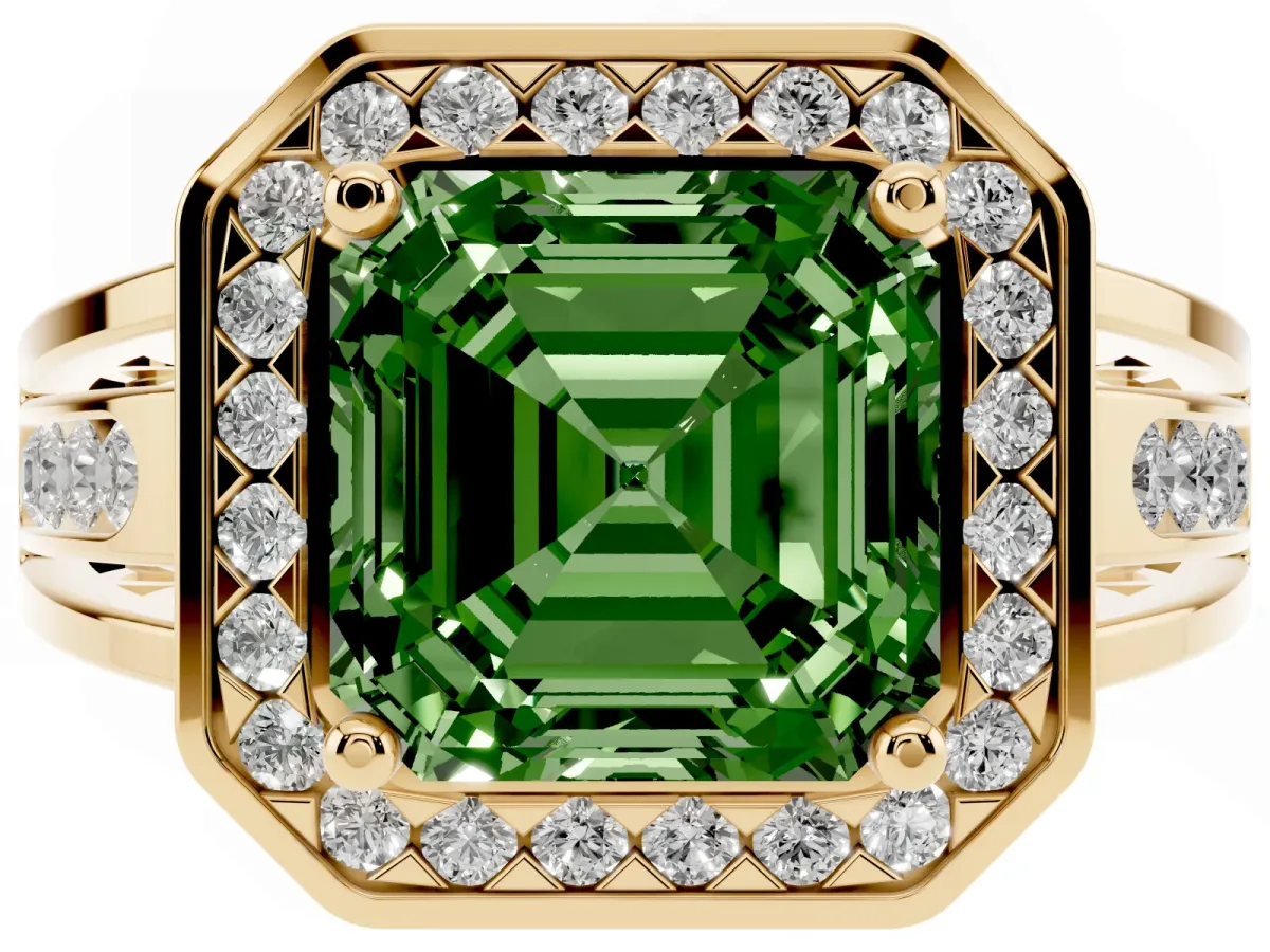 Fancy Green Asscher Cut Diamond Halo Ring with Split Shank and Bezel Accents and Prong Setting Yellow gold