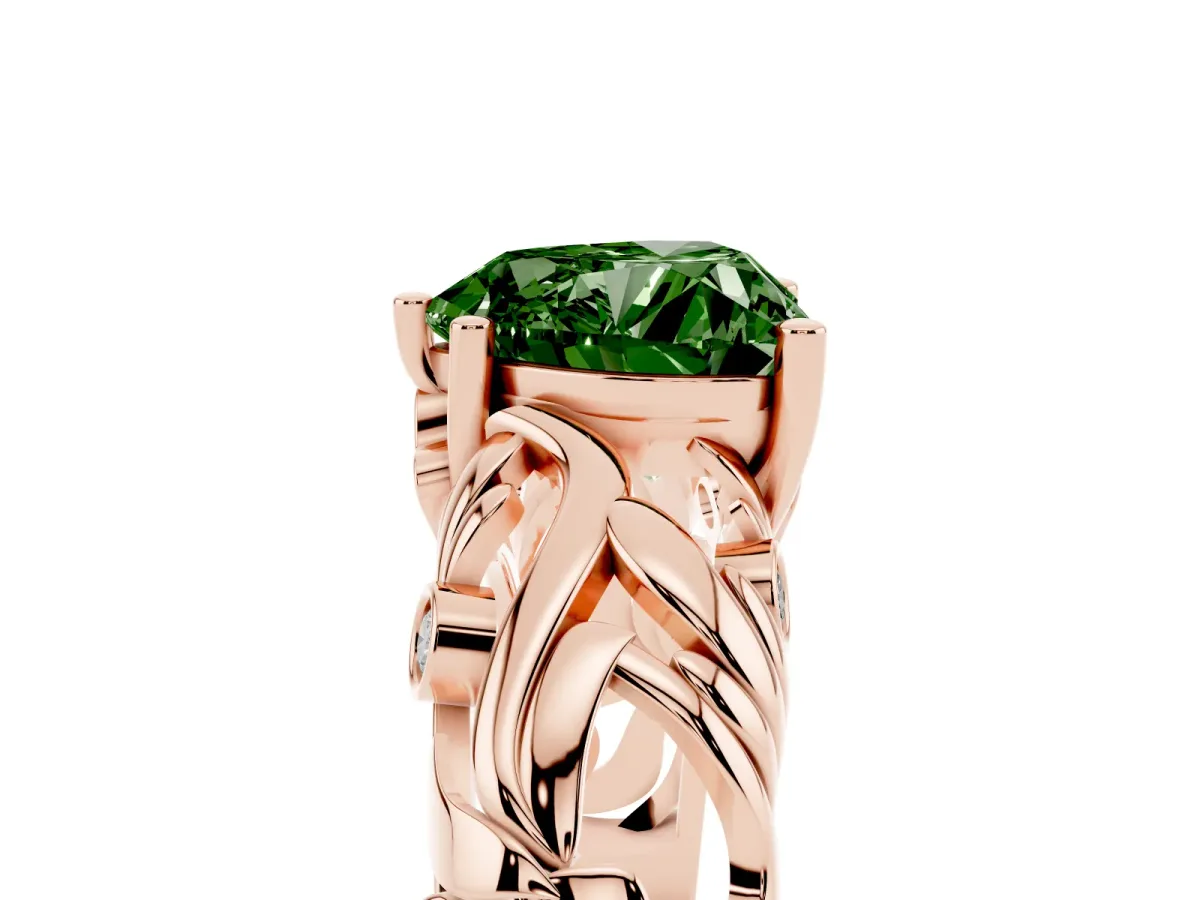 Fancy Green Heart Cut Solitaire Diamond Leaf-Inspired Vine Band Ring with Prong Setting Rose gold