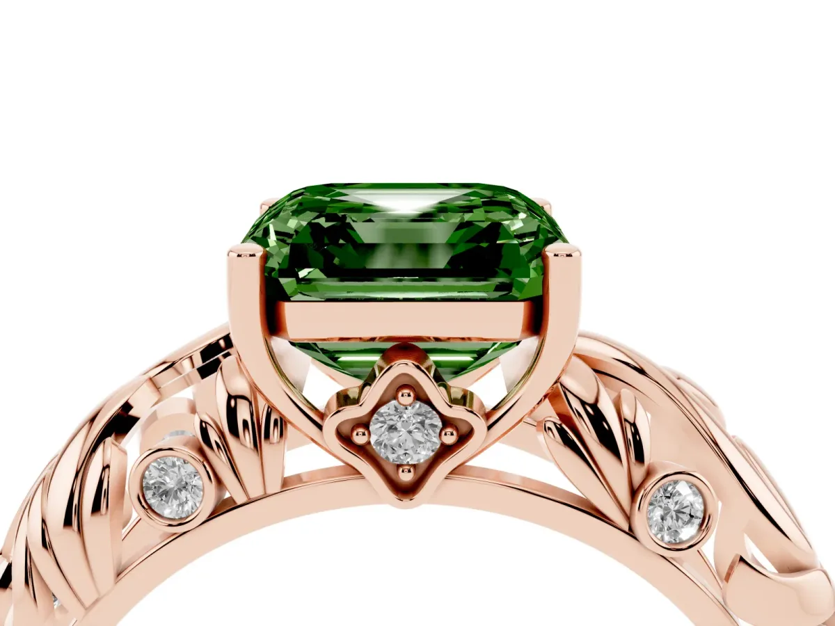 Fancy Green Asscher Cut Solitaire Diamond Leaf-Inspired Vine Band Ring with Prong Setting Rose gold